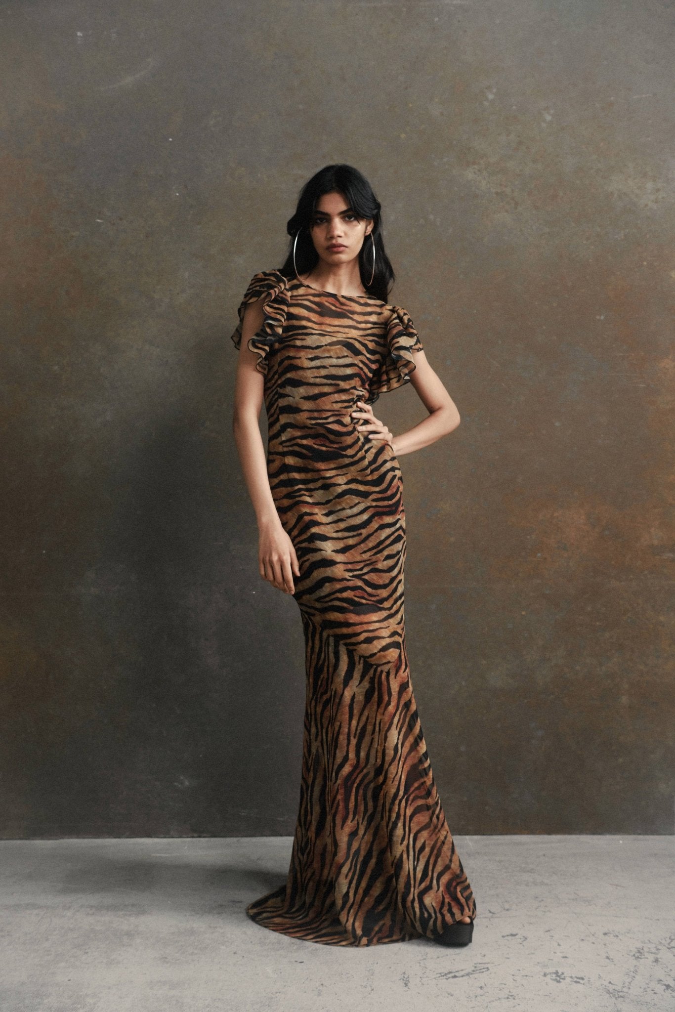 BOUGAINVILLEA MAXI DRESS IN SALVAJE ANIMAL PRINT CHIFFON DE LA VALI OFFICIAL BOUGAINVILLEA MAXI DRESS IN SALVAJE ANIMAL PRINT CHIFFON DE LA VALI OFFICIAL
