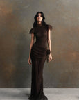 SILENTIUM MAXI DRESS IN CHOCOLATE BROWN LACE - De La Vali