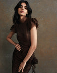 SILENTIUM MAXI DRESS IN CHOCOLATE BROWN LACE - De La Vali