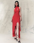 PARFAIT HALTER NECK DRESS IN RED CHIFFON
