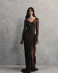 CHARMIDES MAXI DRESS IN CHOCOLATE BROWN SILK CHIFFON