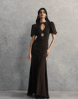 OLYMPIA MAXI DRESS IN CHOCOLATE BROWN CREPE DE CHINE - De La Vali