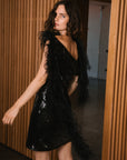 RADIO MINI DRESS IN BLACK SEQUIN/FEATHER