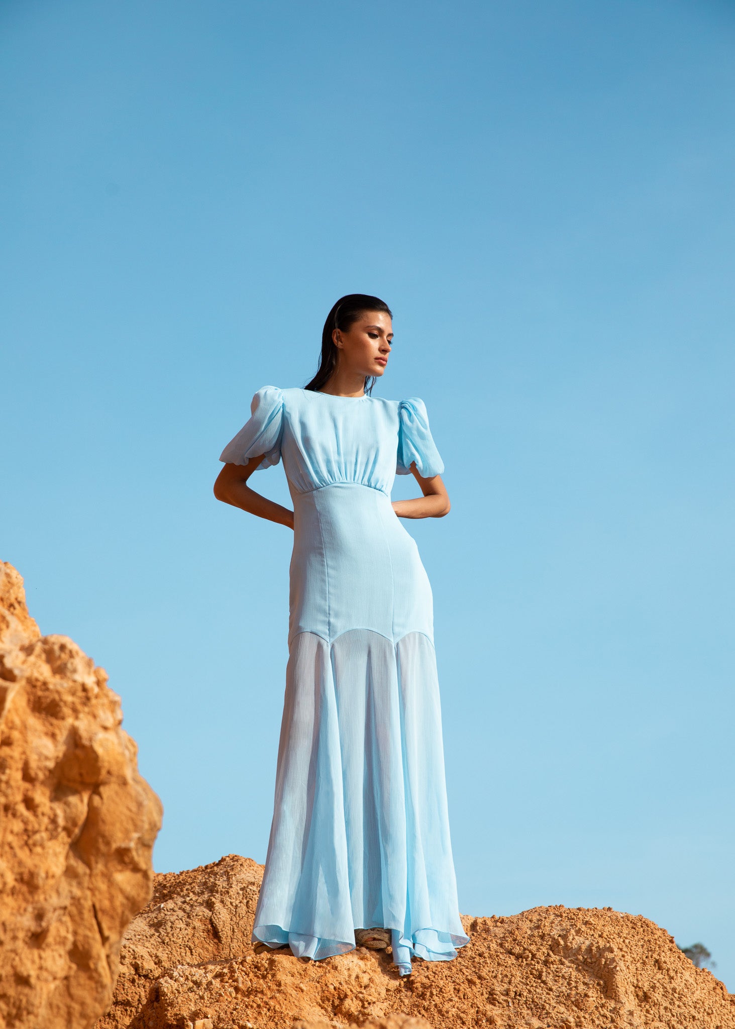 AGUA MAXI DRESS IN LIGHT BLUE CRINKLE CHIFFON – DE LA VALI OFFICIAL