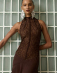 CHANDRA MIDI DRESS IN BROWN LACE CHIFFON - De La Vali