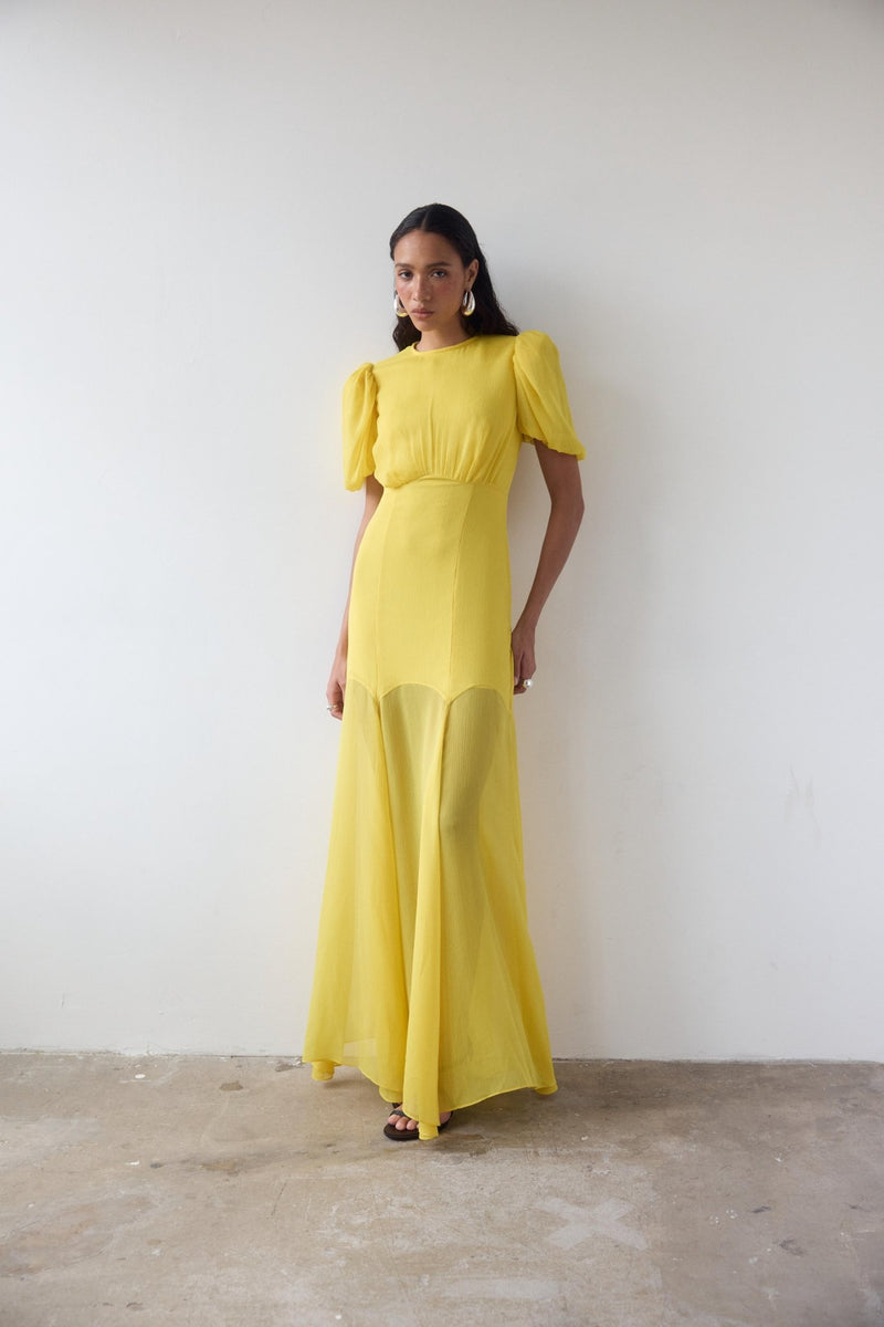 AGUA MAXI DRESS IN YELLOW CRINKLE CHIFFON – DE LA VALI OFFICIAL