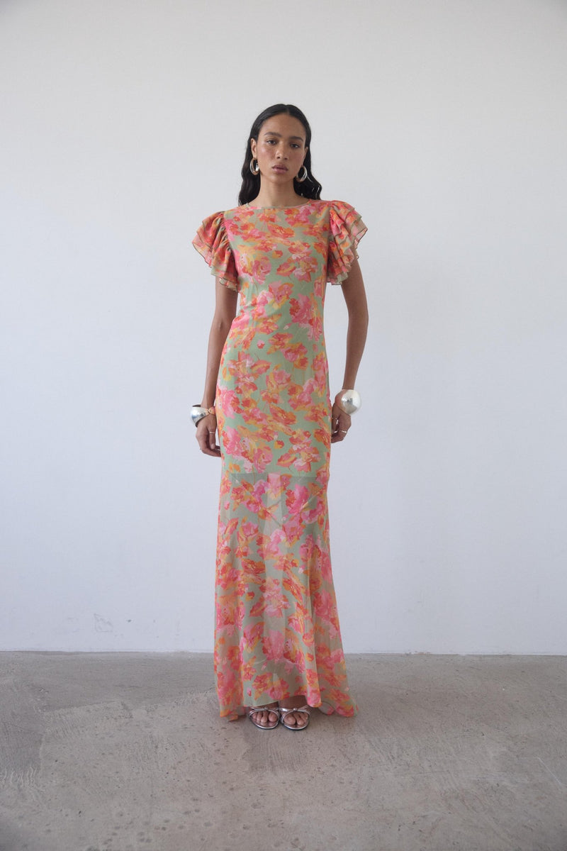 BOUGAINVILLEA CHIFFON MAXI DRESS IN SAGE FLORAL – DE LA VALI OFFICIAL