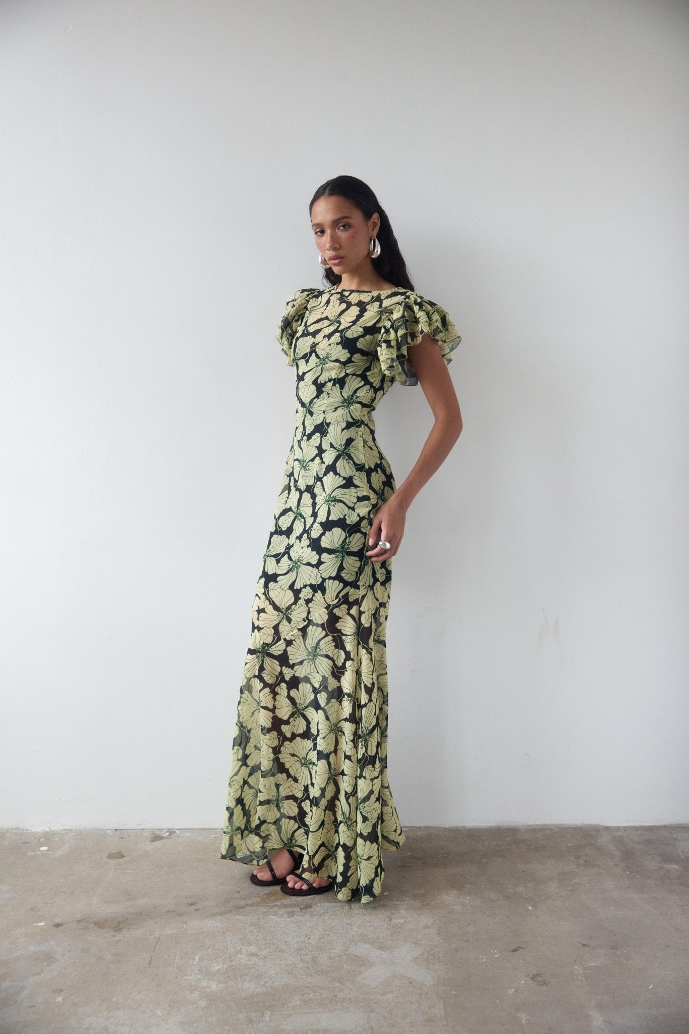 BOUGAINVILLEA CHIFFON MAXI DRESS IN ART DECO FLORAL DE LA VALI OFFICIAL BOUGAINVILLEA CHIFFON MAXI DRESS IN ART DECO FLORAL DE LA VALI OFFICIAL