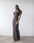 BOUGAINVILLEA CHIFFON MAXI DRESS IN FEATHER PRINT