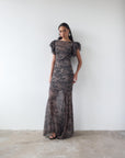 BOUGAINVILLEA CHIFFON MAXI DRESS IN FEATHER PRINT