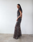 BOUGAINVILLEA CHIFFON MAXI DRESS IN FEATHER PRINT