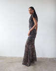 BOUGAINVILLEA CHIFFON MAXI DRESS IN FEATHER PRINT - De La Vali