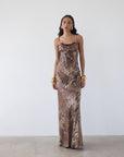 CLEODORA MAXI DRESS IN GUEPARDO SILK SATIN - De La Vali