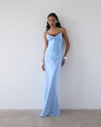 CLEODORA MAXI DRESS IN SKY SILK SATIN - De La Vali