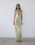 ESPERANZA LONG DRESS IN SAND SILK SATIN