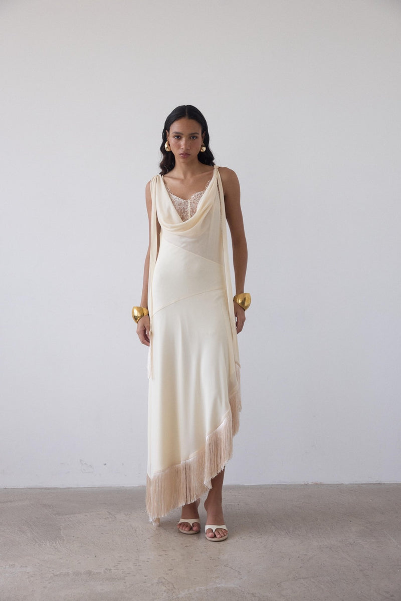 MISTRAL MIDI DRESS IN CREAM CHIFFON & LACE  DE LA VALI OFFICIAL