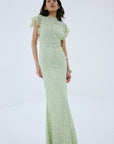 LAIA MAXI DRESS IN MINT GREEN NYLON LACE - De La Vali