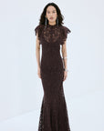 LAIA MAXI DRESS IN BROWN NYLON LACE - De La Vali