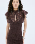 LAIA MAXI DRESS IN BROWN NYLON LACE - De La Vali