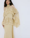 ETEREO MAXI DRESS IN ANTIQUE YELLOW VISCOSE GEORGETTE AND LACE - De La Vali
