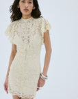 LAIA MINI DRESS IN ANTIQUE YELLOW NYLON LACE - De La Vali