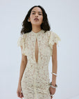 LAIA MINI DRESS IN ANTIQUE YELLOW NYLON LACE - De La Vali