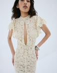LAIA MINI DRESS IN ANTIQUE YELLOW NYLON LACE - De La Vali