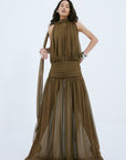 CRUZ MAXI DRESS IN TAUPE POLY CHIFFON - De La Vali