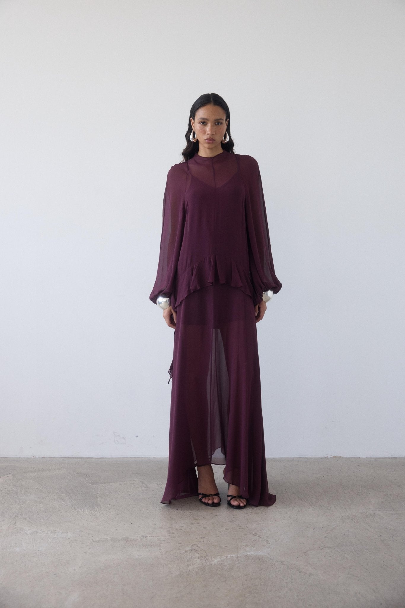 de la vali diara long-sleeve scarf-neck maxi dress De La Vali Daira Mock-Neck Ruffle Long-Sleeve Bias-Cut Maxi Dress