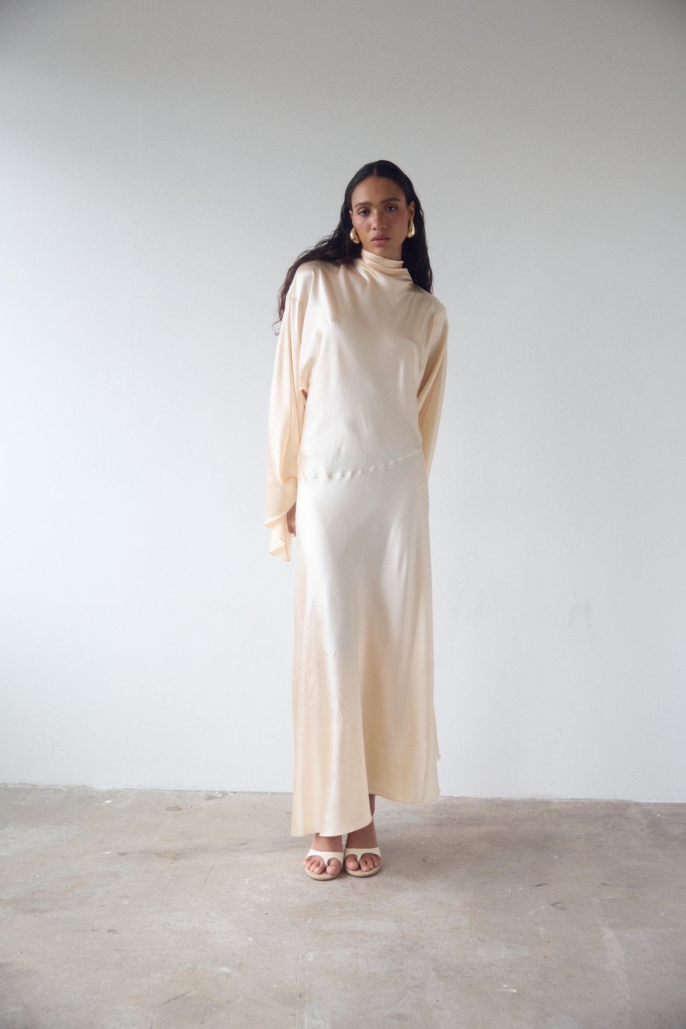 long cream silk dress La Lune High Neck Ruched Maxi Dress | Cream | Dresses