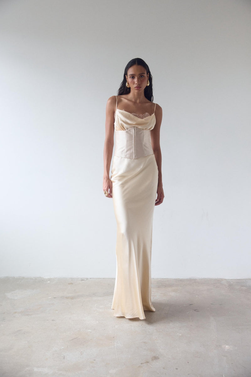 de la vali corset dress CLEODORA MAXI IN CREAM SILK SATIN – OFFICIAL PowerSuit Simple Sheath Spaghetti Strap 90% nylon Color:Santa