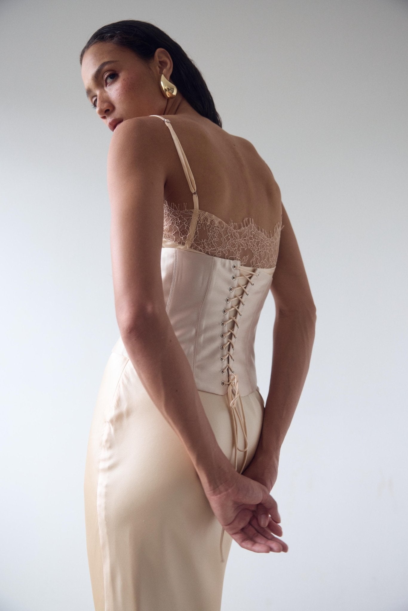 de la vali corset dress CLEODORA MAXI DRESS IN CREAM SILK SATIN DE LA VALI OFFICIAL