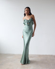 ESPERANAZA MAXI DRESS IN SEA GREEN SILK SATIN - De La Vali