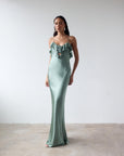 ESPERANAZA MAXI DRESS IN SEA GREEN SILK SATIN - De La Vali