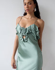 ESPERANAZA MAXI DRESS IN SEA GREEN SILK SATIN