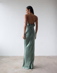 ESPERANAZA MAXI DRESS IN SEA GREEN SILK SATIN - De La Vali