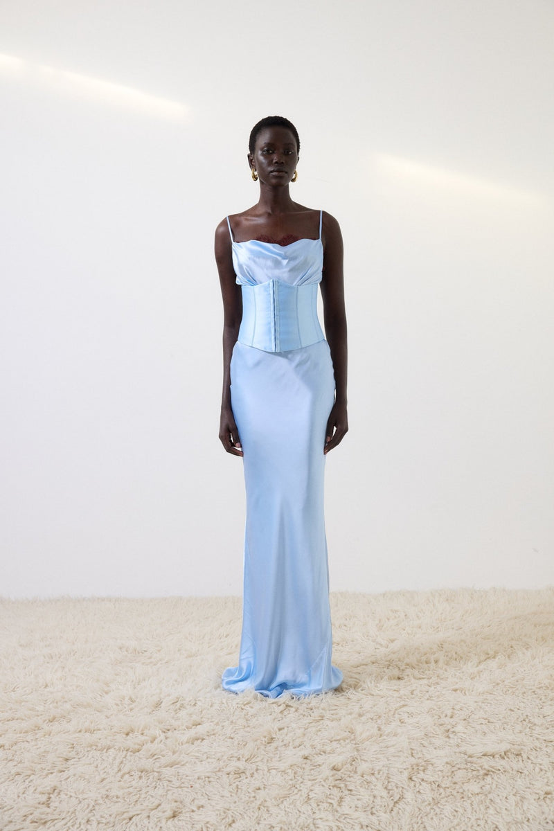 CLEODORA MAXI DRESS IN SKY SILK SATIN – DE LA VALI OFFICIAL