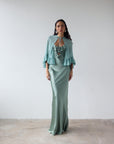 ESPERANAZA MAXI DRESS IN SEA GREEN SILK SATIN
