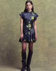 ALIZEE MINI DRESS IN PRIMAVERA - BLACK SILK SATIN