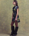 ALIZEE MINI DRESS IN PRIMAVERA - BLACK SILK SATIN