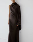 ODALUNA MAXI DRESS IN UMBER BROWN SATIN - De La Vali