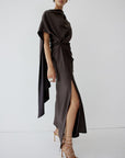 LUNESSA MIDI DRESS IN UMBER BROWN SATIN - De La Vali