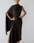 LUNESSA MIDI DRESS IN UMBER BROWN SATIN - De La Vali