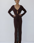 ELISIA MAXI DRESS IN UMBER BROWN SLINKY KNIT