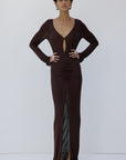ELISIA MAXI DRESS IN UMBER BROWN SLINKY KNIT - De La Vali