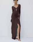 ELISIA MAXI DRESS IN UMBER BROWN SLINKY KNIT - De La Vali