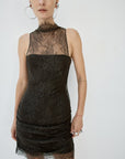 APATITE MINI DRESS IN CHOCOLATE BROWN FINE LACE - De La Vali