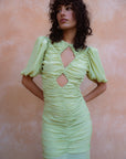 OLYMPIA MAXI DRESS IN PISTACHIO CREPE - De La Vali