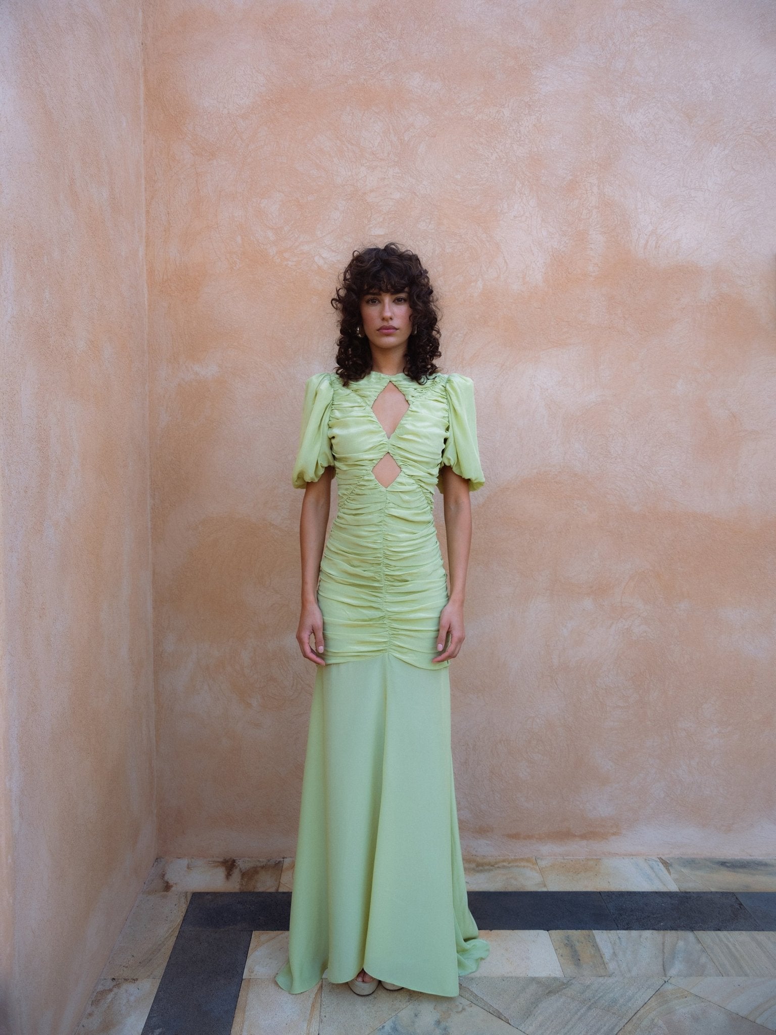 OLYMPIA MAXI DRESS IN PISTACHIO CREPE DE LA VALI OFFICIAL OLYMPIA MAXI DRESS IN PISTACHIO CREPE DE LA VALI OFFICIAL