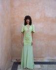 OLYMPIA MAXI DRESS IN PISTACHIO CREPE - De La Vali